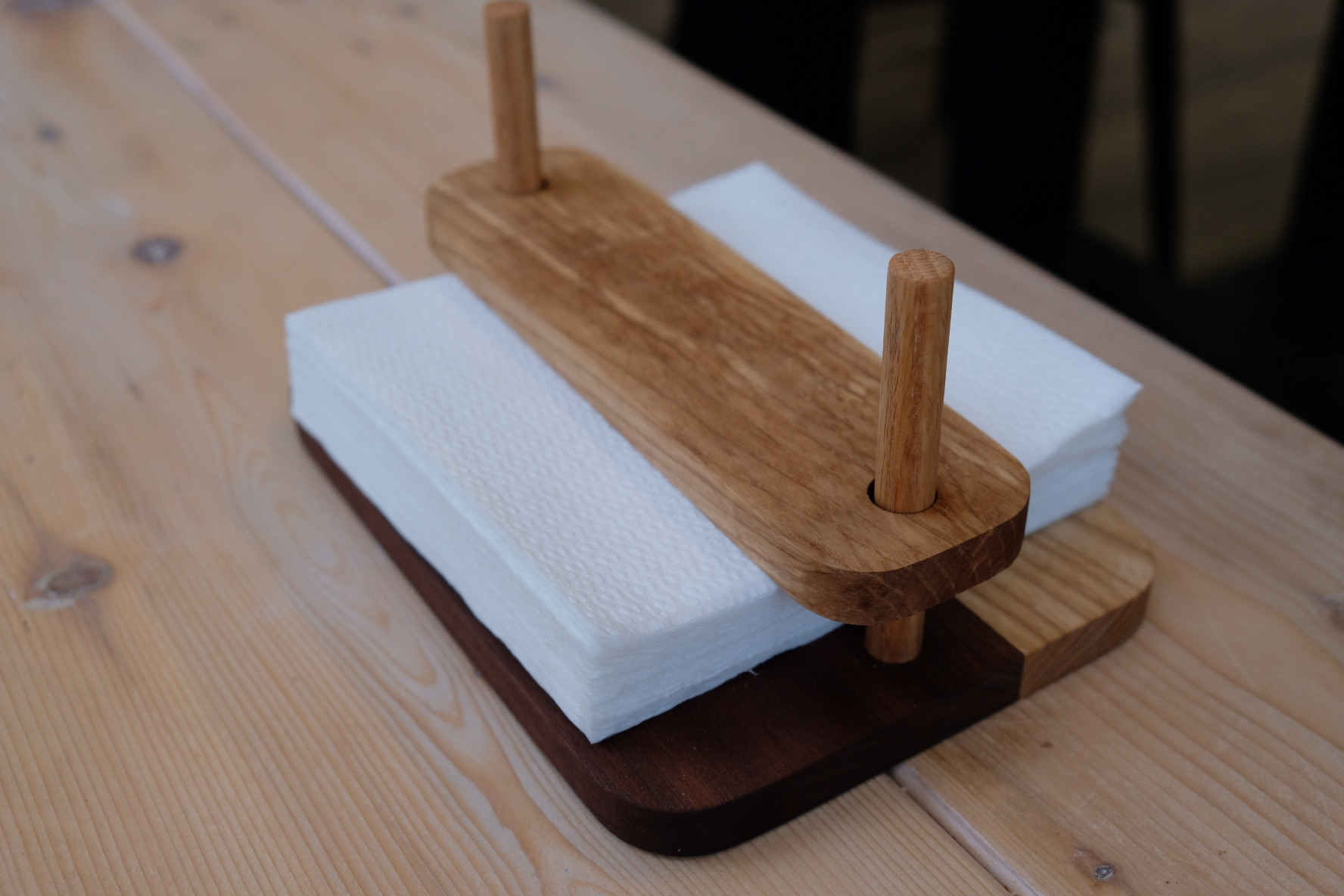 Walnut and Ash Napkin Holder with napkins side angle view